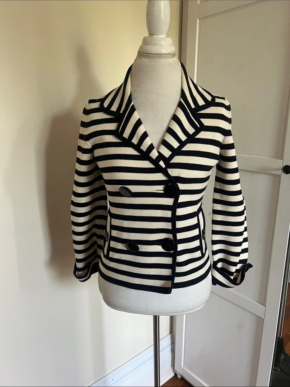 J.Crew Striped Double Breasted Navy Blue Ivory Knit Sweater Blazer Jacket XS - Picture 1 of 8